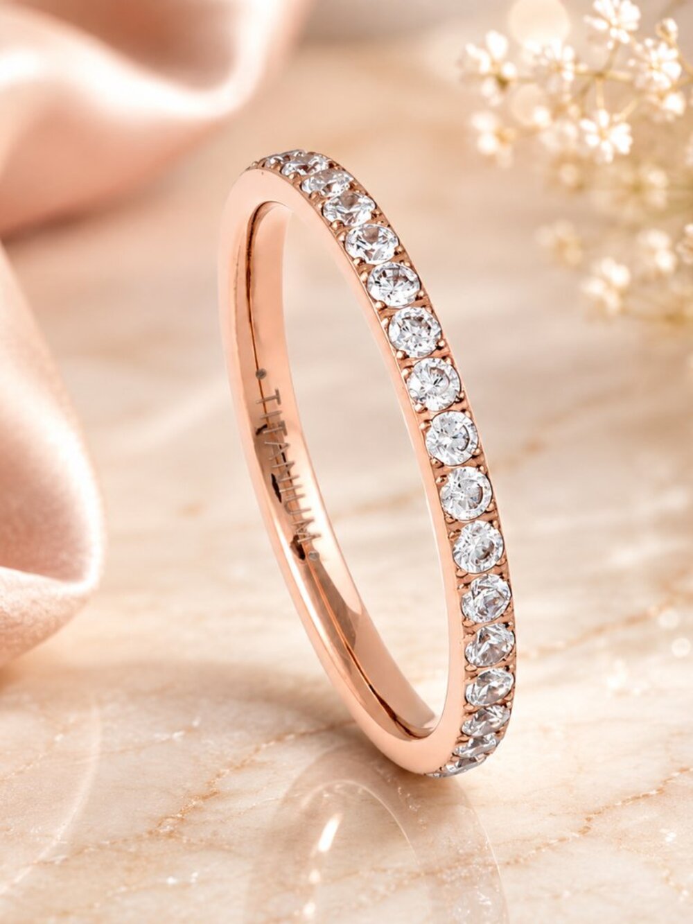Rose Gold Plated Titanium Eternity Band with Cubic Zirconia - GALTUN104-8
